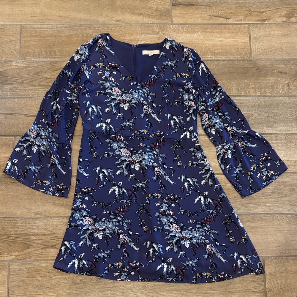LOFT Purple Floral Puff Sleeve Dress Size 14